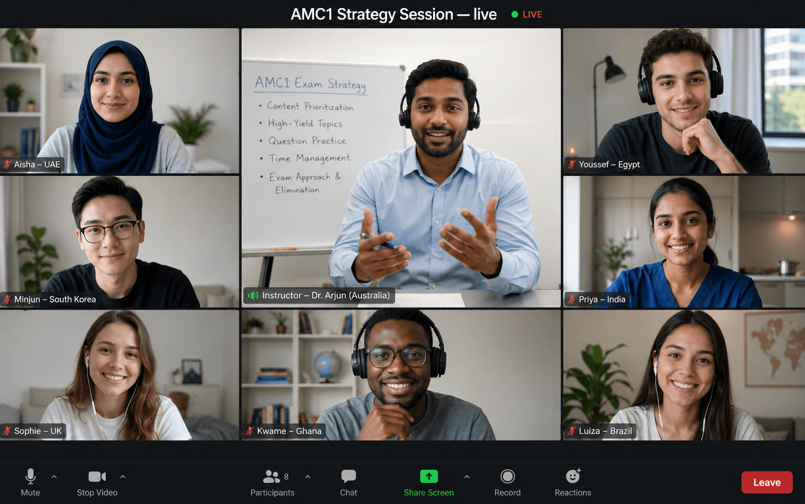 Live AMC Part 1 strategy session with an instructor and International Medical Graduates from eight countries